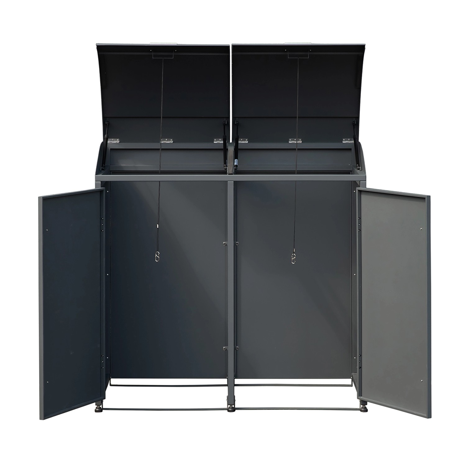 Westmann Mülltonnenbox Moderna für 2 Tonnen (je 240 l) in Anthrazit, mit geöffneten Türen und Deckeln.