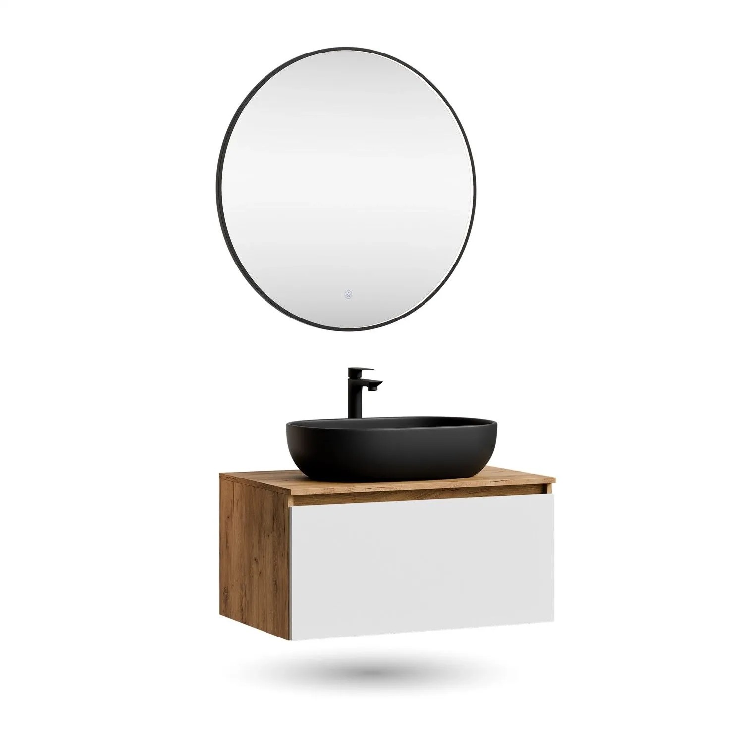 Planetmöbel ARISA Badmöbel Set 80 cm Weiß Soft Close mit Veluna LED Spiegel 80 cm und Keramik Aufsatzwaschbecken Schwarz 60 cm
