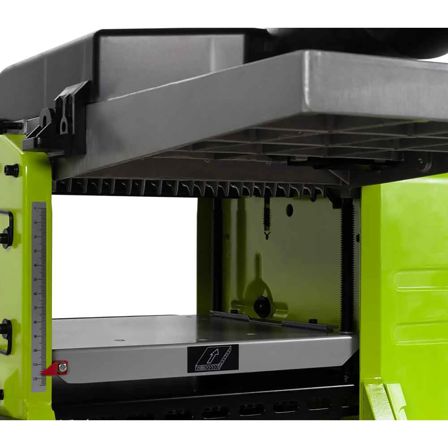 Grüne Zipper Abricht-Dickenhobelmaschine ZI-HB254N, Detail des Hobeltisches mit Skala und Vorschubmechanismus.