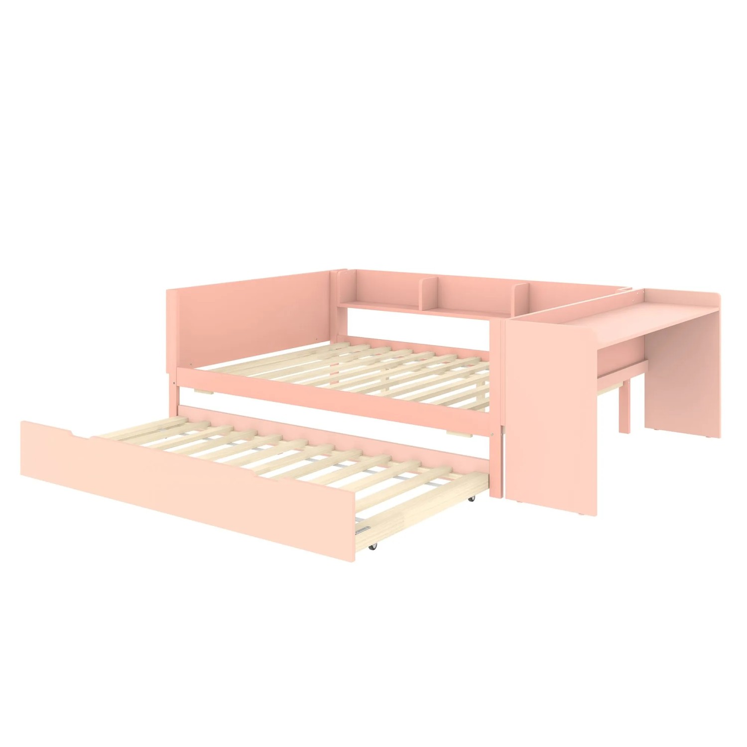 KOMHTOM Flachbett Holzbett 140x200Cm Mit Schreibtisch Regalen Und Rollbett Doppelbett Kiefer+Spanplatte Rosa Ohne Matratze