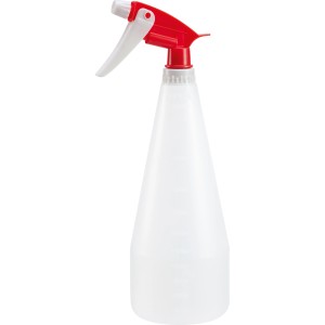 Transparente Sprühflasche mit rotem Sprühkopf, 1000 ml, für Pflanzen und Haushalt.