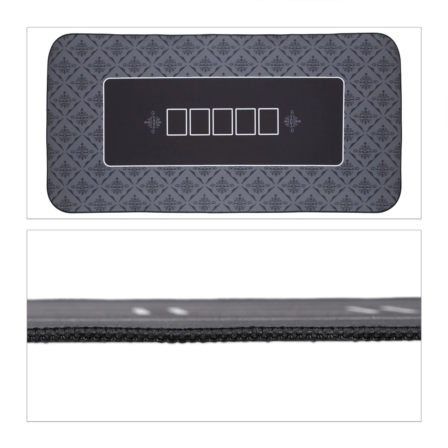 Schwarze Pokermatte aus Gummi-Polyester, rutschfest und wasserfest, mit grauen Mustern und Kartenfeldern.