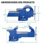 Blauer Wiltec Heavy Duty Schraubstock mit 125mm Klemmbacken und Amboss. Detaillierte Produktmaße für Werkbank-Spannwerkzeug.