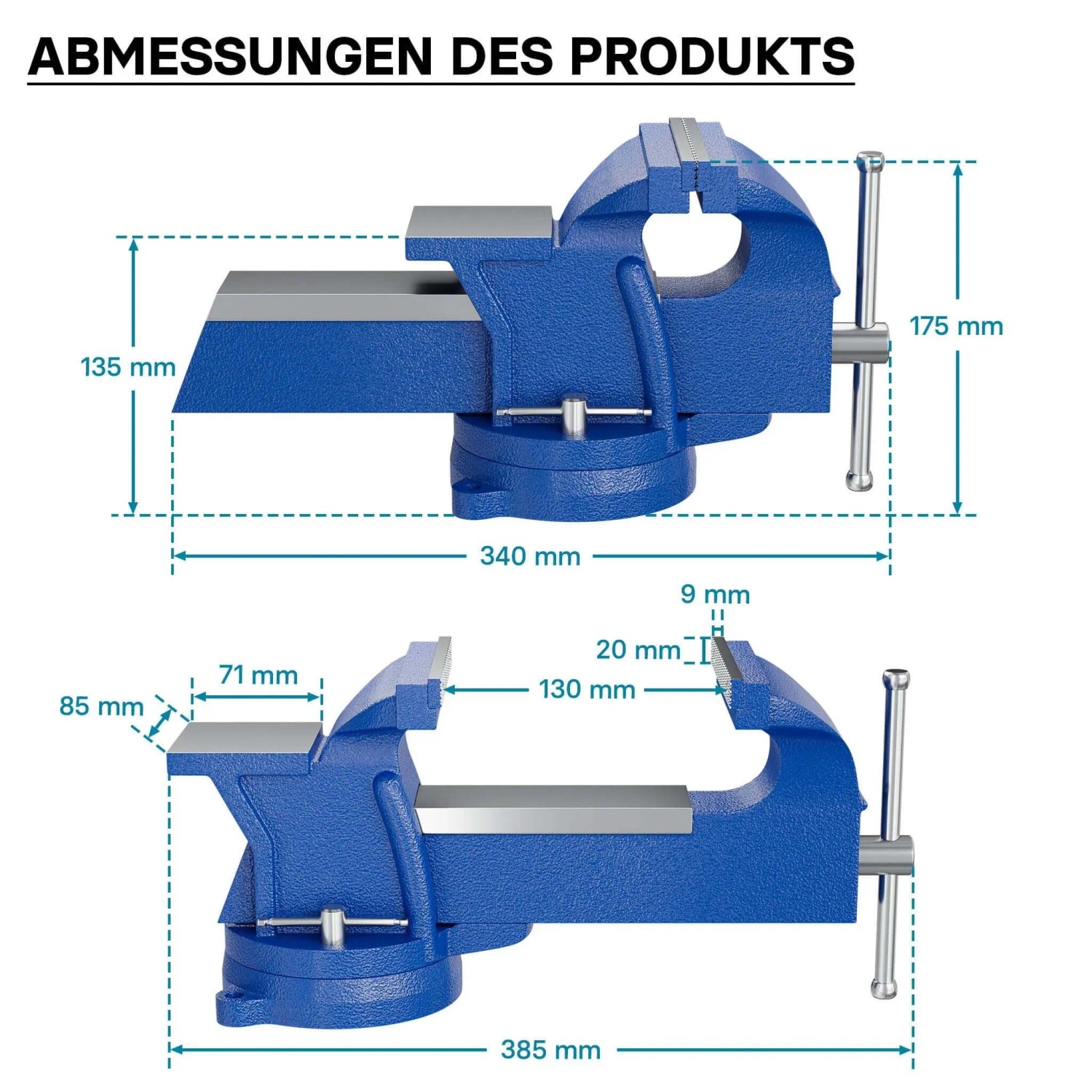Blauer Wiltec Heavy Duty Schraubstock mit 125mm Klemmbacken und Amboss. Detaillierte Produktmaße für Werkbank-Spannwerkzeug.