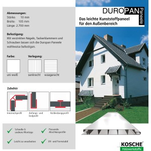 Weiße Duropan Eckleiste, 270 cm lang, für Paneel-Zubehör. Saubere Abschlüsse für Wand- und Deckenpaneele.