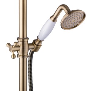 Detailaufnahme: PaulGurkes Bronze Duschsystem Retro mit Handbrause und Keramikgriff.
