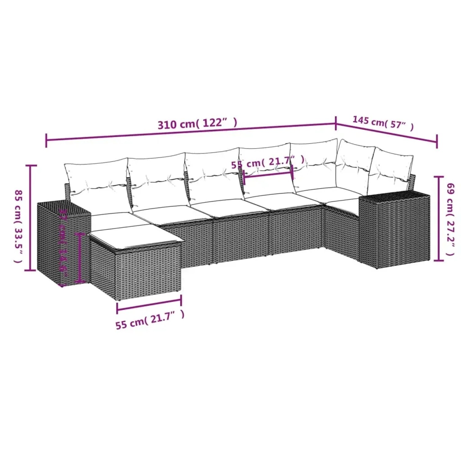 Braune 7-teilige Garten-Sofagarnitur aus Polyrattan mit Kissen und Maßangaben.