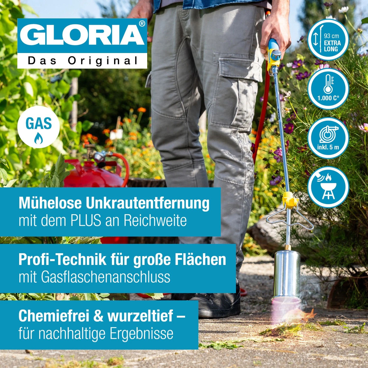 Gloria Thermoflamm bio Professional Plus Unkrautbrenner mit Schlauch im Einsatz.