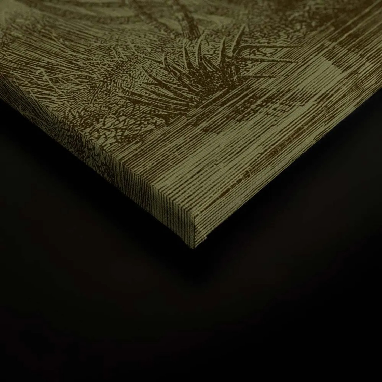 Detailaufnahme: Olivgrünes Wandbild Regenwald auf Leinwand, Vintage-Stil, 90x60 cm.