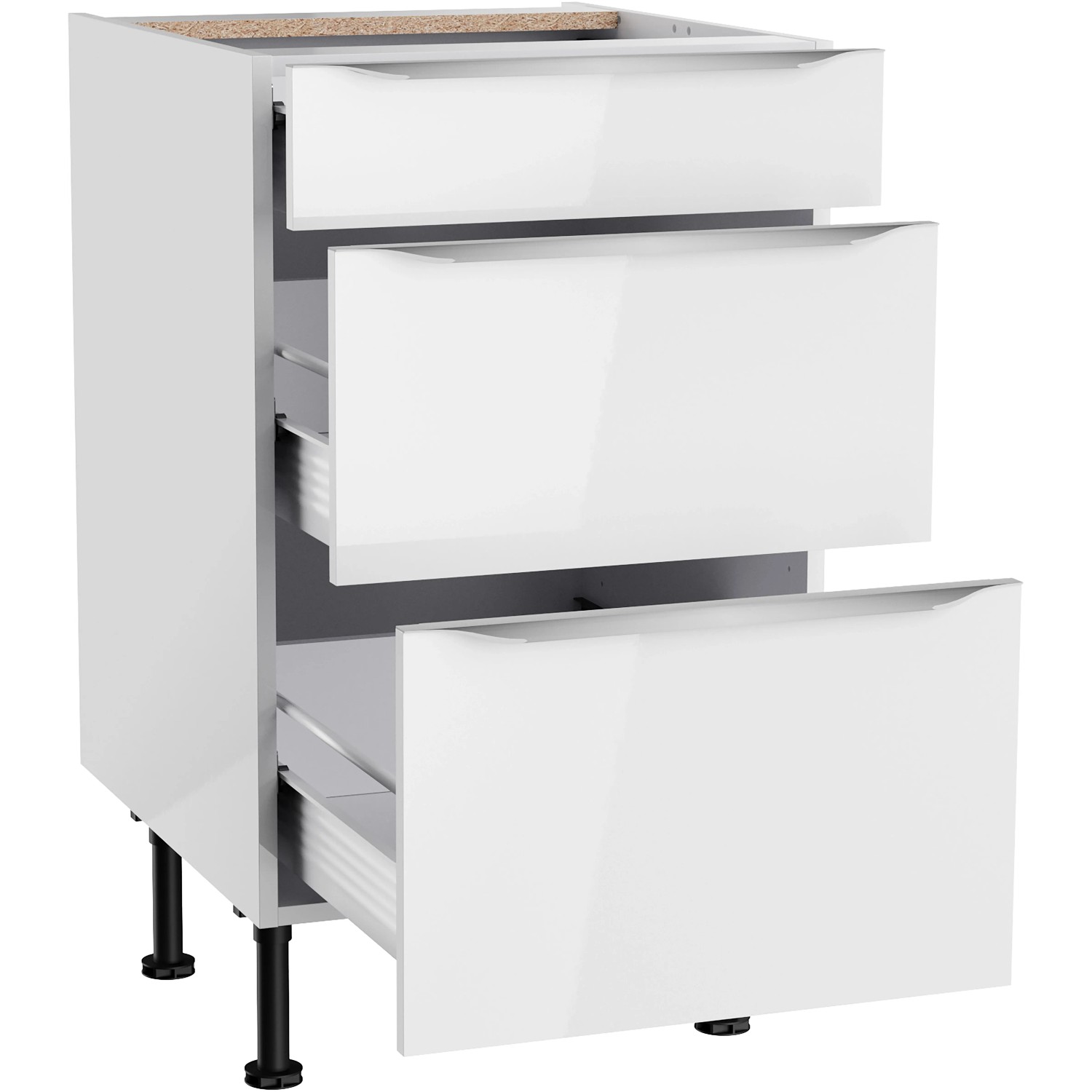 Weißer Optifit Küchenunterschrank Arvid986 mit 3 Auszügen, 50x87x58,4 cm.