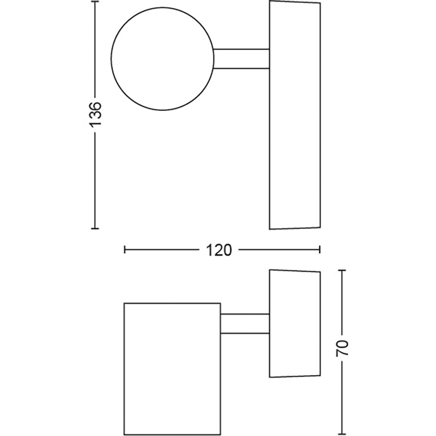 Skizze der Philips Hue Adore Badleuchte, Maße: 136 x 70 x 120 mm.