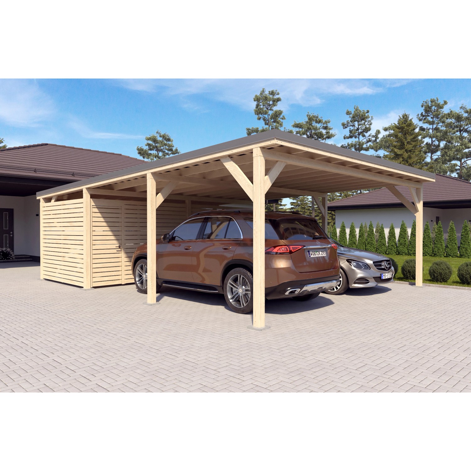 Dunkelgrauer Holzbrüder Doppelcarport Ralf mit Geräteraum und zwei parkenden Autos.