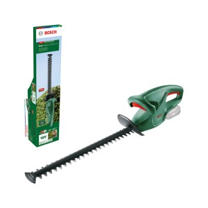 Grüne Bosch Akku-Heckenschere EasyHedgeCut 18V Solo mit langem Messer und Verpackung. Kabelloser Heckenschneider.