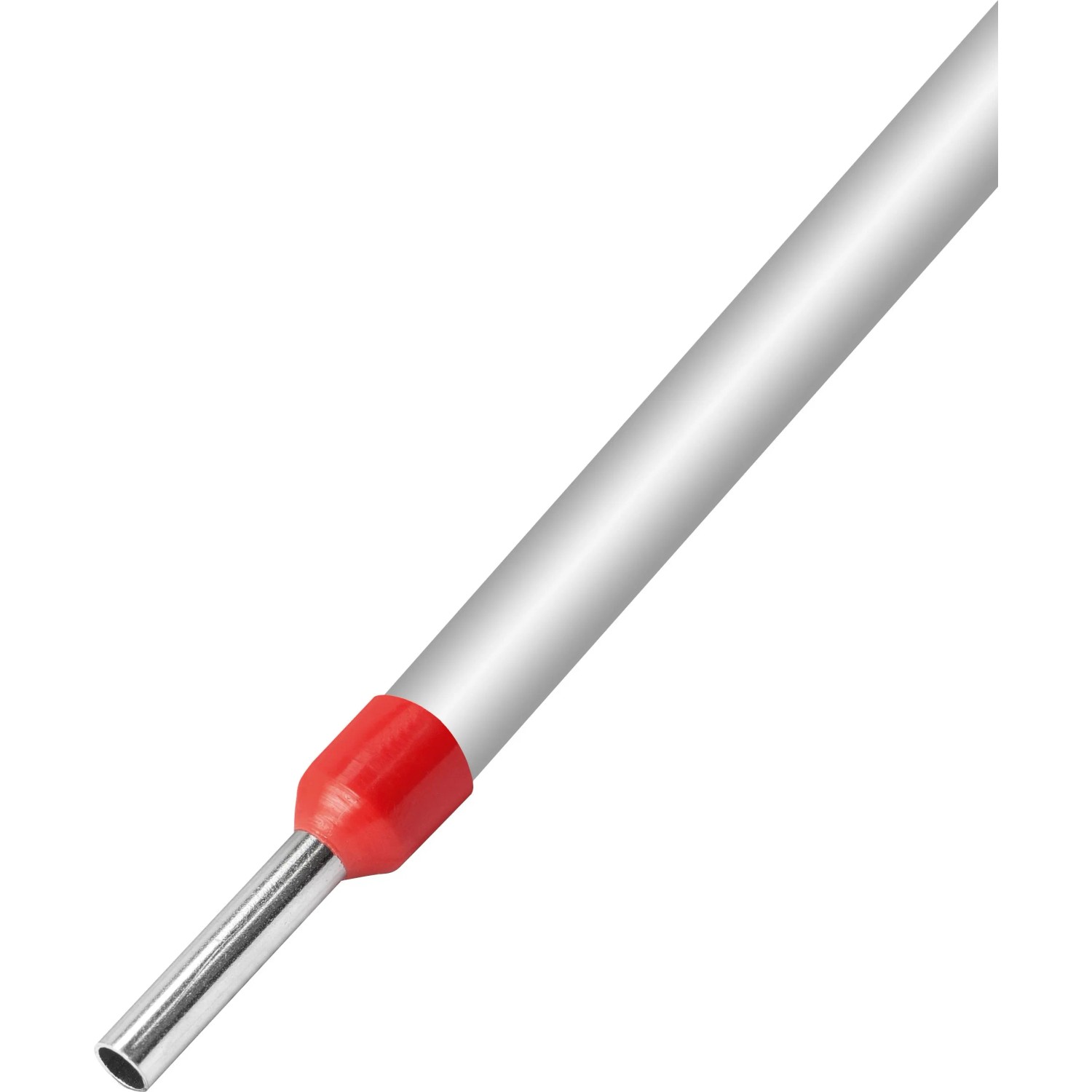 Ader-Hülse E10-18 im Detail: Metallhülse mit roter Kunststoffisolierung für sichere Kabelverbindungen.