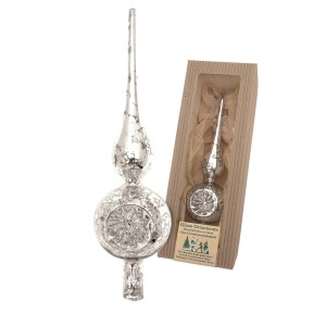 Weihnachtsbaumspitze aus Glas in Effektsilber von Krebs Glas Lauscha, 26cm hoch.