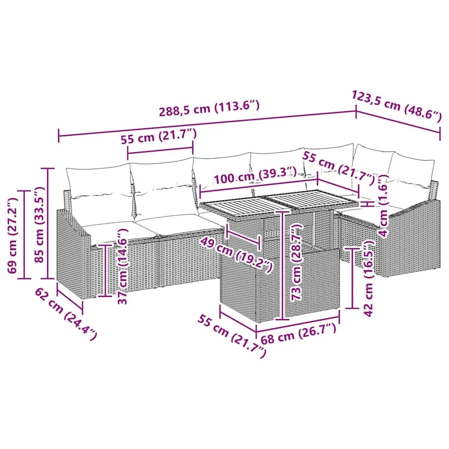 Graues 7-teiliges Garten-Sofa-Set mit Stauraum aus Polyrattan von vidaXL. Gartenmöbel mit Tisch und Kissen.