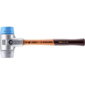 Halder Simplex Schonhammer, 60mm, mit Alu-Gehäuse und Holzstiel. Hammer mit blauem und grauem Schlagkopf.