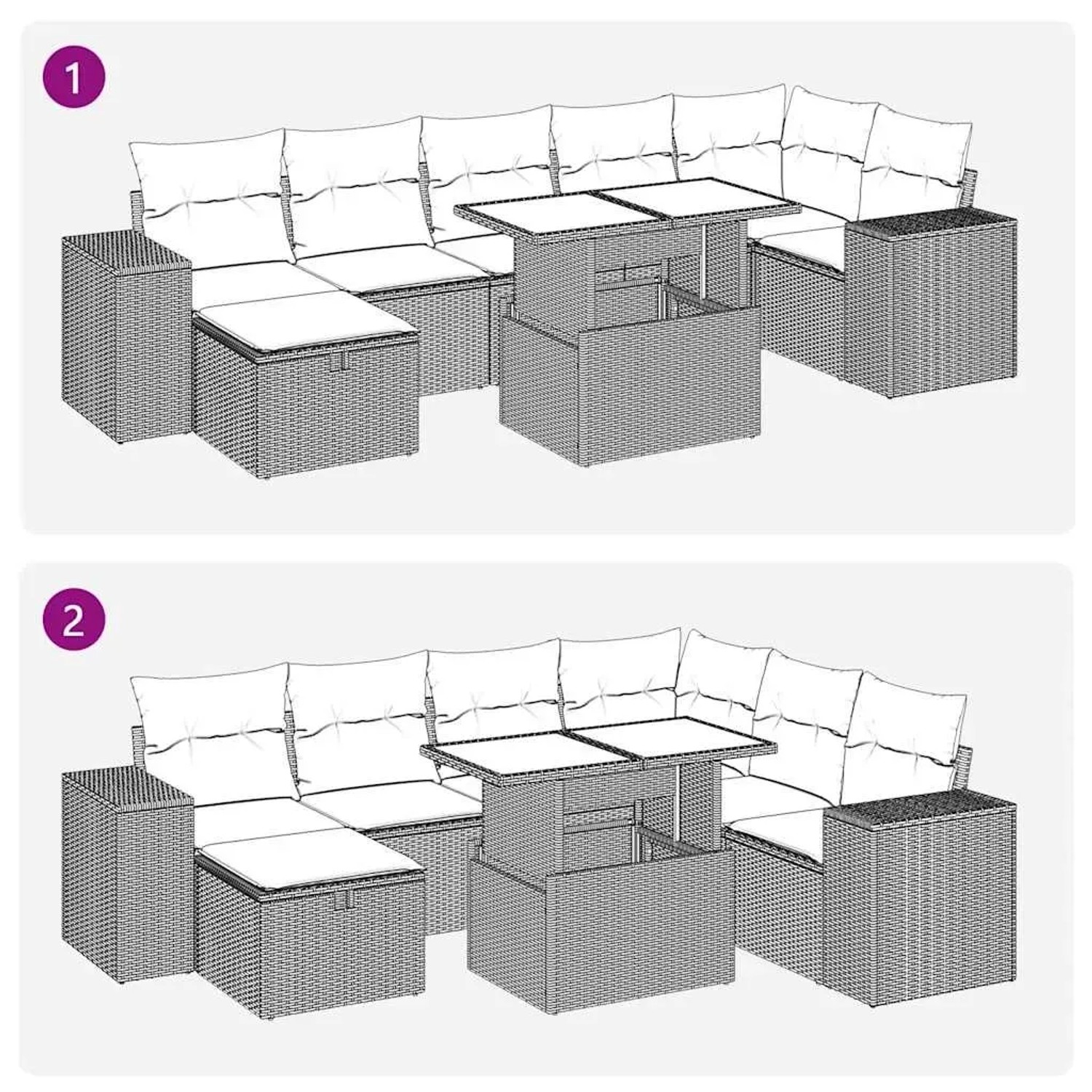 vidaXL 5-tlg. Garten-Sofagarnitur grau mit Kissen, Poly Rattan, bestehend aus Sofa, Tisch und Hocker.
