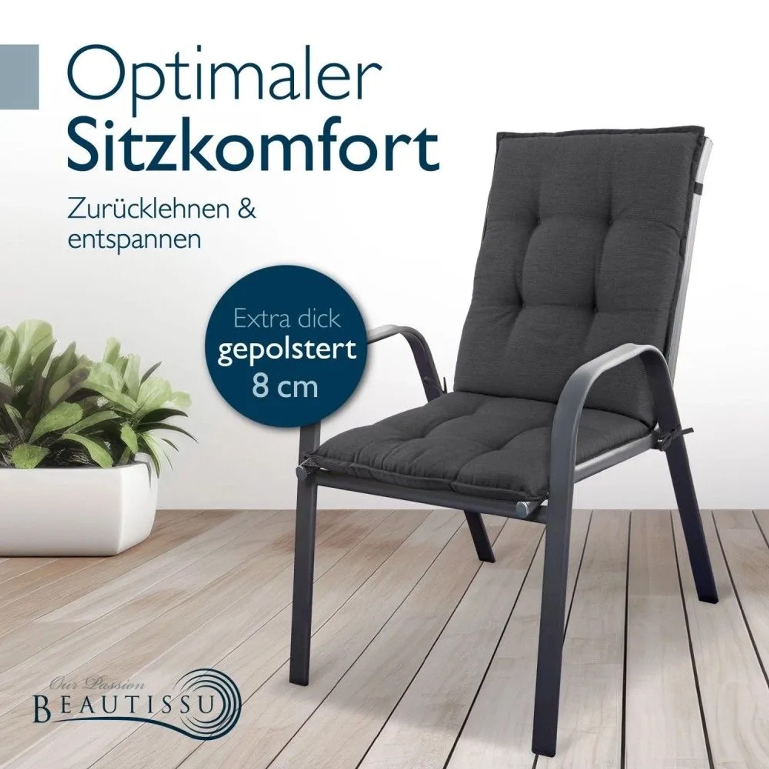Beautissu Sun-NL Niederlehner Gartenstuhlauflage Anthrazit, 8cm dick gepolstert, auf Stuhl für optimalen Sitzkomfort.