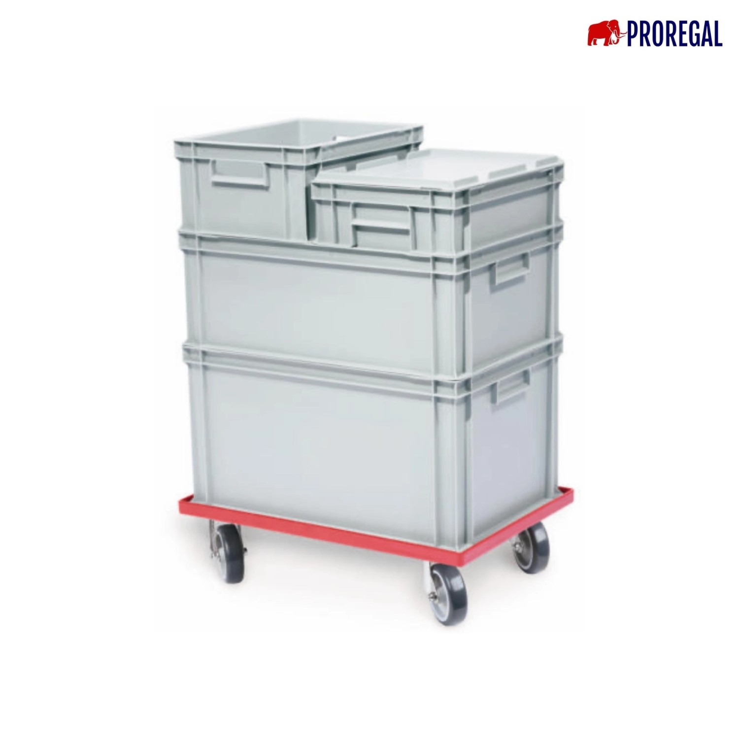 PROREGAL Transportroller mit Euroboxen. Gelber Rollwagen mit grauen Kunststoffboxen. Traglast 300kg.