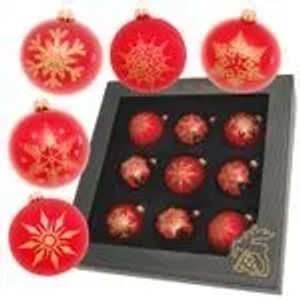 Rote Christbaumkugeln von Krebs Glas Lauscha, 8 cm, 9 Stück mit goldenen Schneeflocken in Geschenkbox.