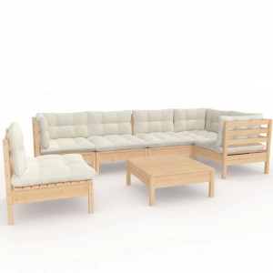7-tlg. Garten Lounge Set aus Kiefernholz mit creme Kissen.