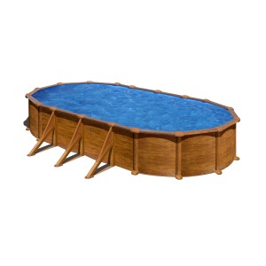 Ovaler Gre Pool Mauritius in Holzoptik, 610x375x132 cm, mit blauer Wasseroberfläche.
