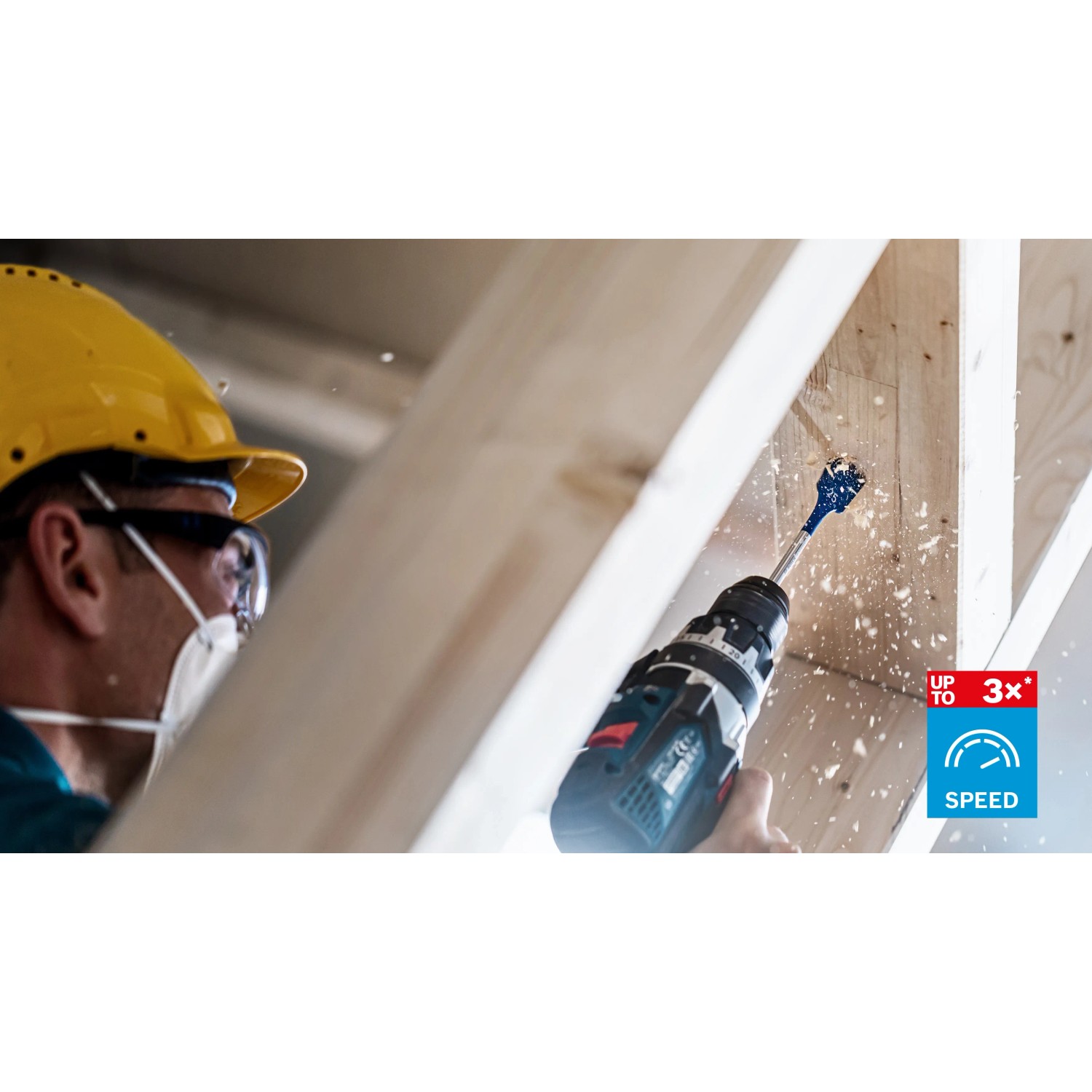 Bosch Flachfräsbohrer Expert Set im Einsatz: Bohren von Löchern in Holz mit hoher Geschwindigkeit.