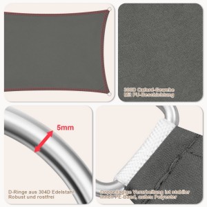 Detailansicht WOLTU Sonnensegel, dunkelgrau, 3x3m, mit Materialdetails und D-Ring.
