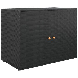 Schwarzer vidaXL Gartenschrank aus Poly Rattan mit zwei Türen und Holzgriffen.