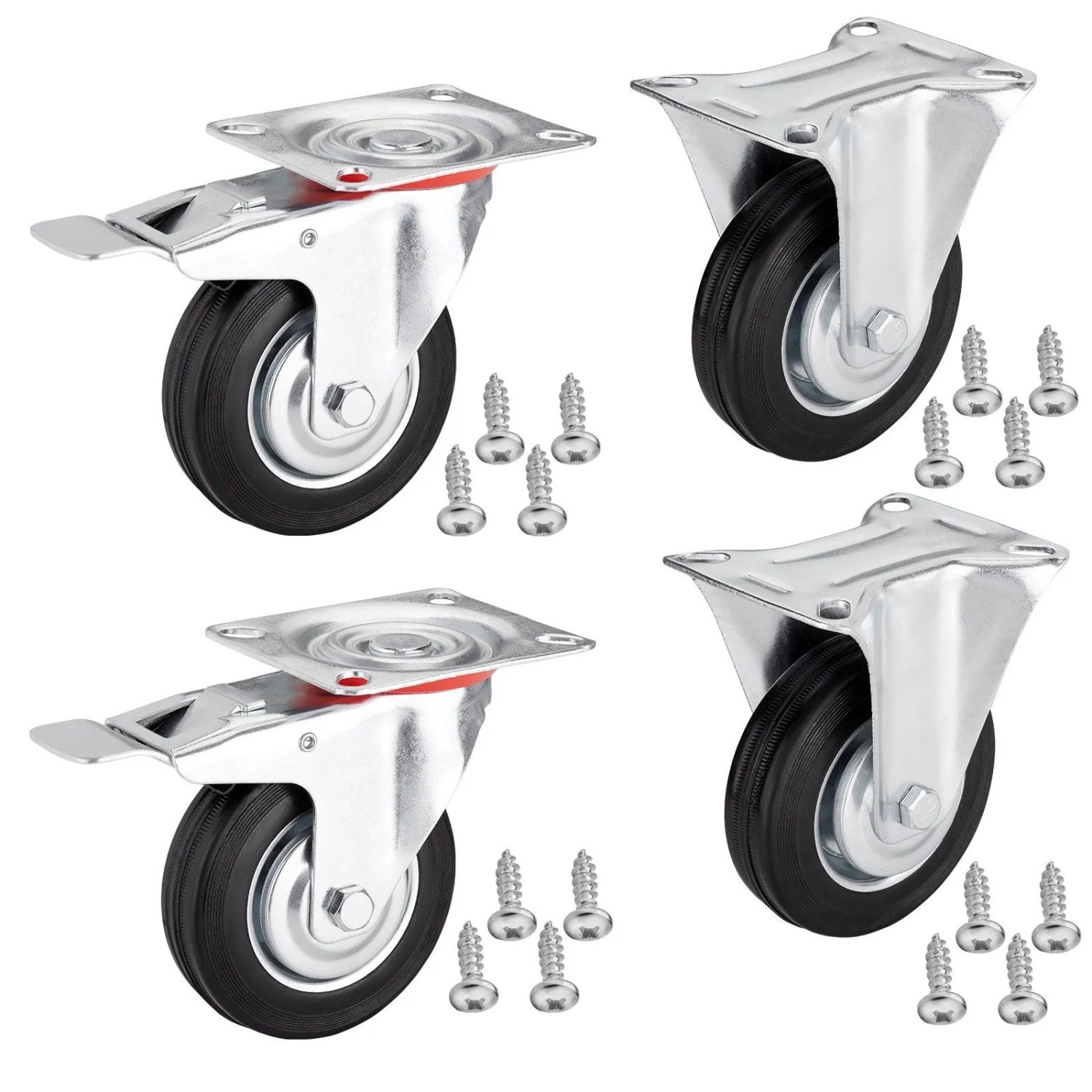 SOTECH 4er SET Transportrollen RED Ø100 mm 2x Bockrollen und 2x Lenkrollen mit Bremse Bis 360 Kg inkl. Pan-Head 5 x 17 m...