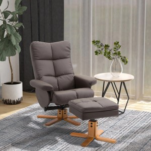 Brauner Relaxsessel mit passendem Hocker, gepolstert, auf Holzgestell. Komfortables 2-teiliges Loungesessel-Set.