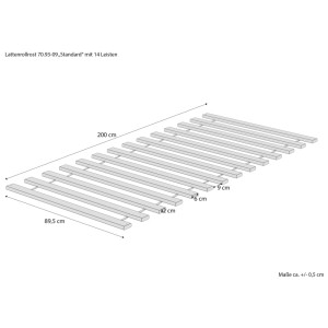 Technisches Diagramm des stabilen Erst-Holz Lattenrollrosts, 14 Fichten-/Tannenholz-Leisten, 90x200 cm, Maße.