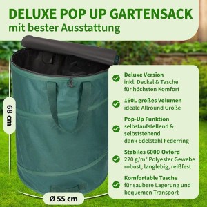 TTL GARDEN Pop Up Laubsack DELUXE 160 L – 220 g/qm Gartensack Mit Deckel Tasche Selbststehend Für Laub