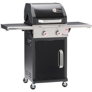 Landmann Gasgrill Triton PTS 2.0, schwarzer Grillwagen mit 2 Brennern und Seitenablagen.