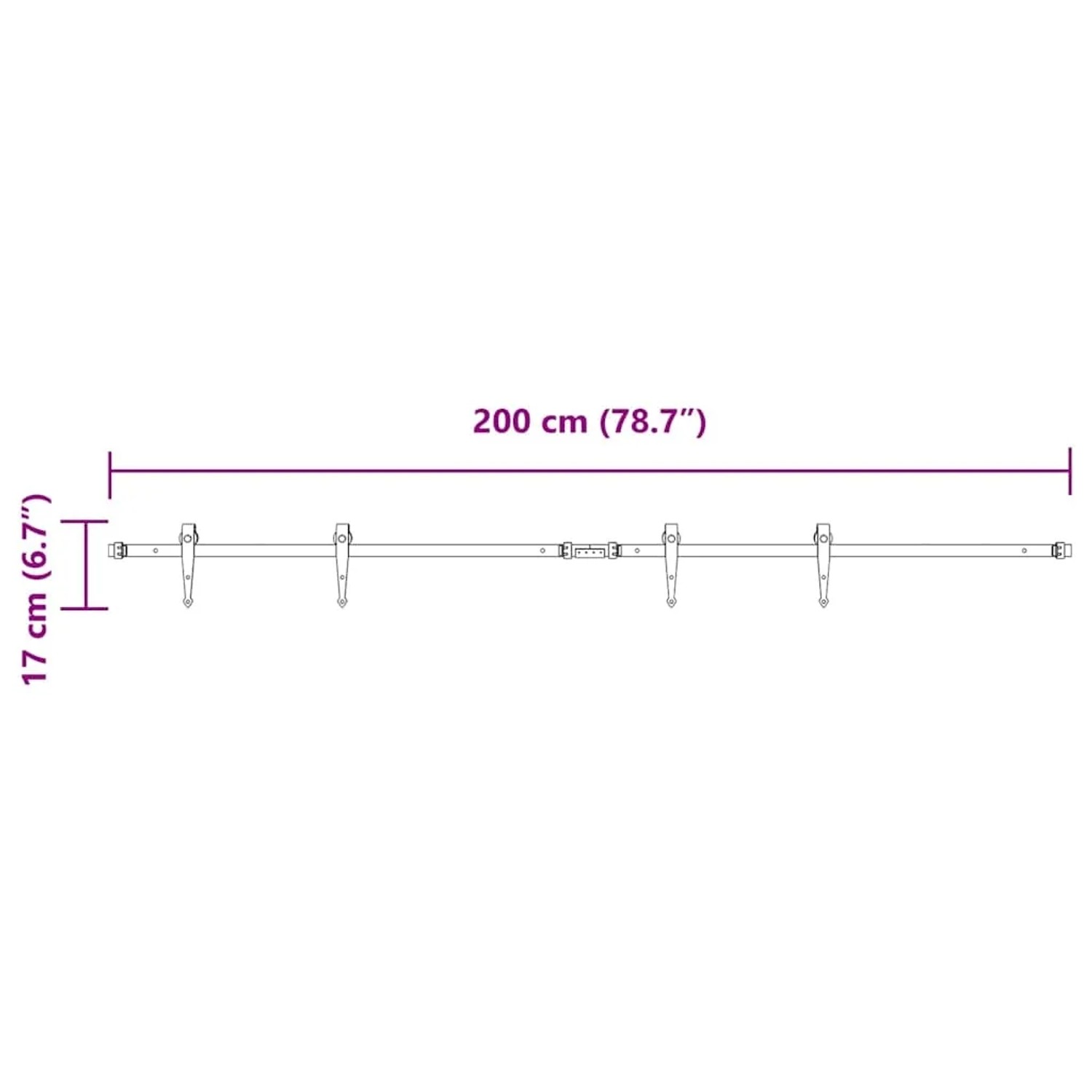 vidaXL Schiebetürbeschlag Set, 200cm, Karbonstahl, Maße: 200x2,5x17cm, für Schranktüren