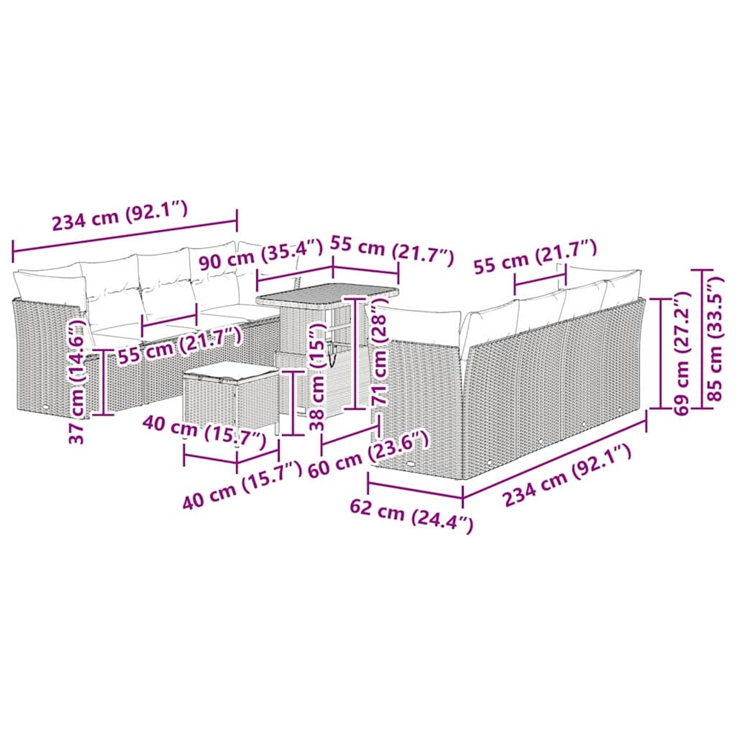 vidaXL Garten-Sofa-Set, 11-teilig, schwarz, Poly Rattan, mit Tisch und Hockern, Maße siehe Abbildung.