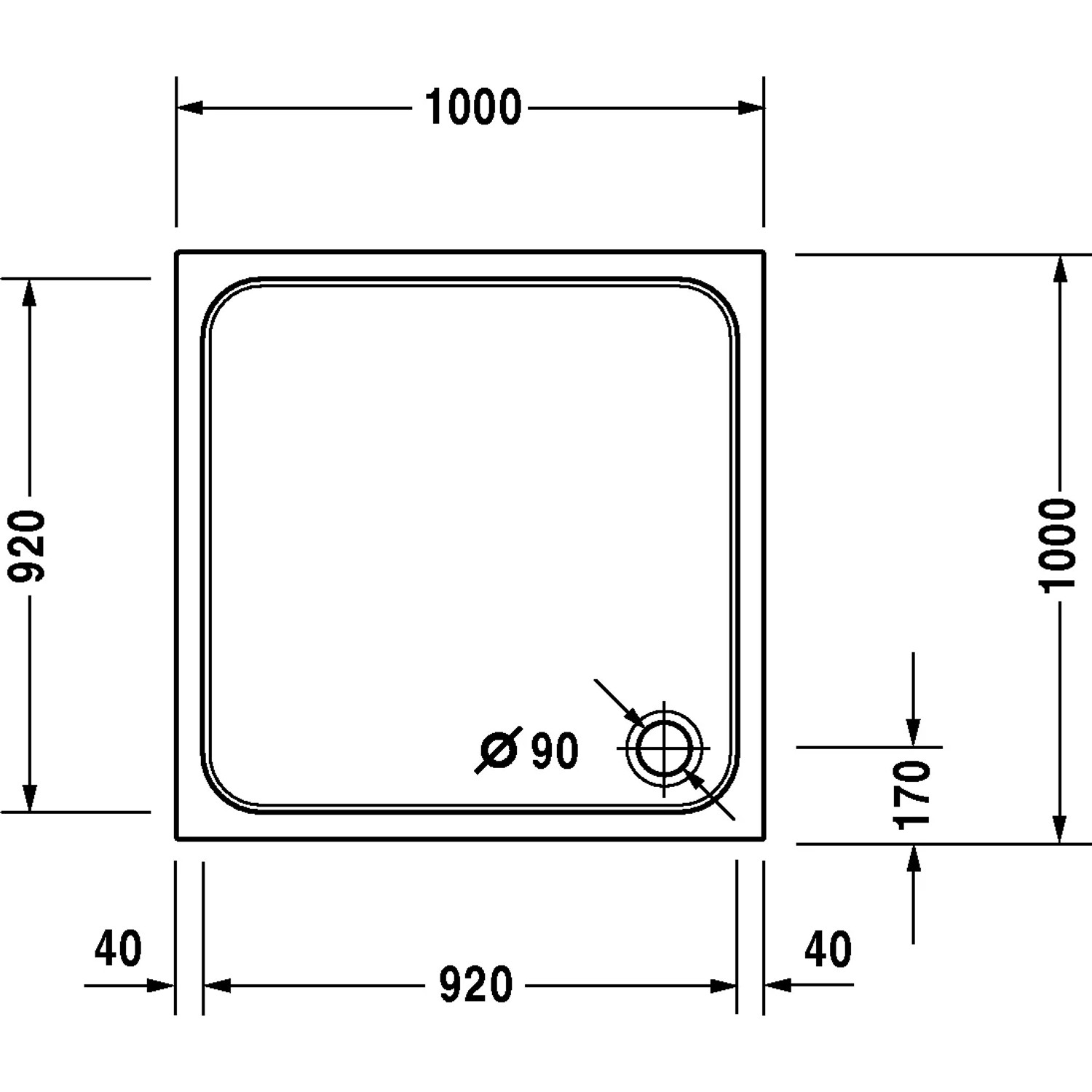 Technische Zeichnung: Duravit D-Code Duschwanne, 100x100x8,5 cm, quadratisch, Ablaufposition