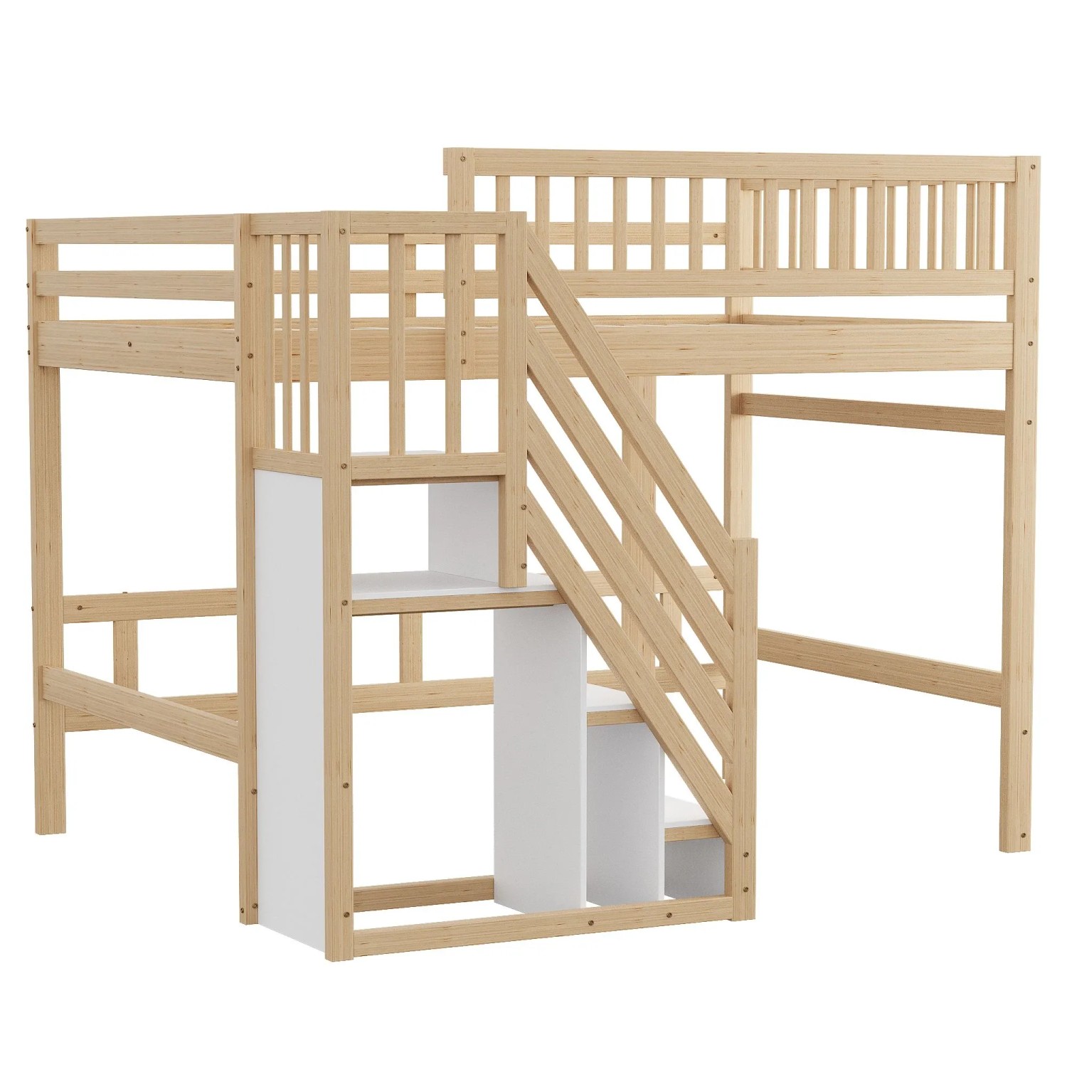 okwish Massivholzbett 140×200 Kinderbett Treppe mit Aufbewahrungsschrank ohne Matratze