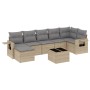 Beige 8-tlg. Garten-Sofagarnitur aus Poly Rattan mit grauen Kissen und Tisch.