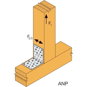 Simpson Winkelverbinder ANP aus feuerverzinktem Stahl, montiert an zwei Holzbalken für eine 90°-Eckverbindung.