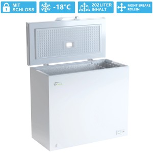 Offene, weiße Tronitechnik Gefriertruhe Borgar Pro mit LED-Licht und 202 Liter Nutzinhalt.