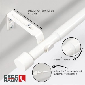 Deco-Raum Gardinenstangen Set Ausziehbar 1-Lauf Kappe Flexa Ø 16/19 mm 160-300cm Weiß