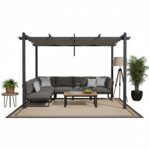 Dunkelgraue Purple Leaf Aluminium Pergola mit Schiebedach über einer modernen Lounge-Sitzgruppe. Ideal für Terrasse & Garten.