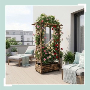 Geflammter Blumenkasten aus Tannenholz mit Rankgitter und Dach, bepflanzt mit bunten Rosen auf Balkon.