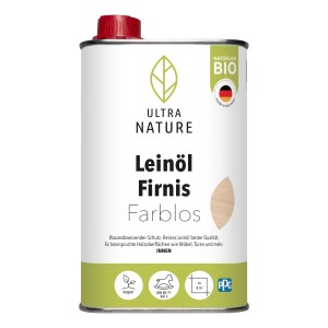 Ultra Nature BIO Leinöl Firnis Farblos 0,5 l im Metalbehälter. Holzöl für Möbel und Türen im Innenbereich.