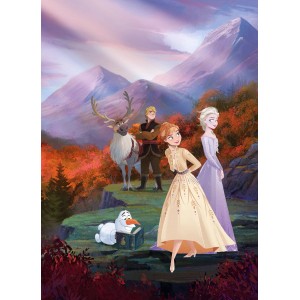 Disney Eiskönigin Fototapete (184x254 cm) mit Anna, Elsa, Kristoff, Sven und Olaf vor Berglandschaft.