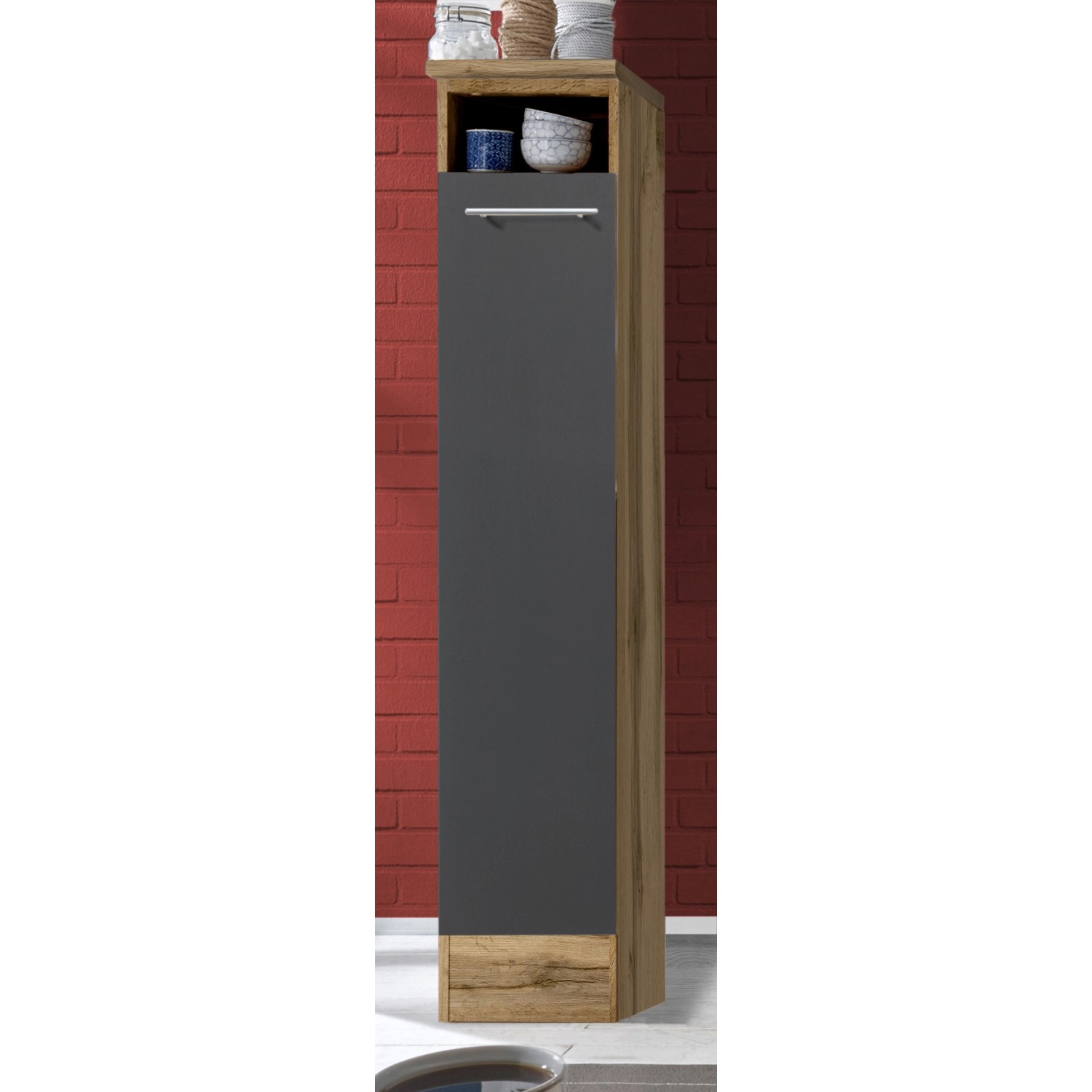 Respekta Apothekerschrank Küchenzeile, grau/Wildeiche Nachbildung, Teil der Einbauküche.