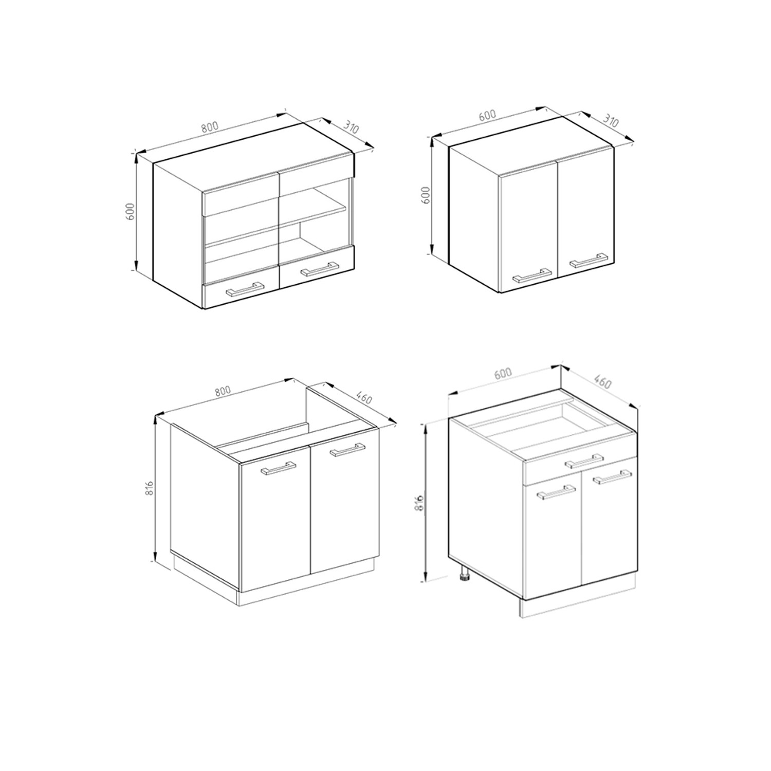 Skizze der Vicco R-Line Singleküche 140 cm in Weiß Hochglanz/Eiche mit Maßangaben.