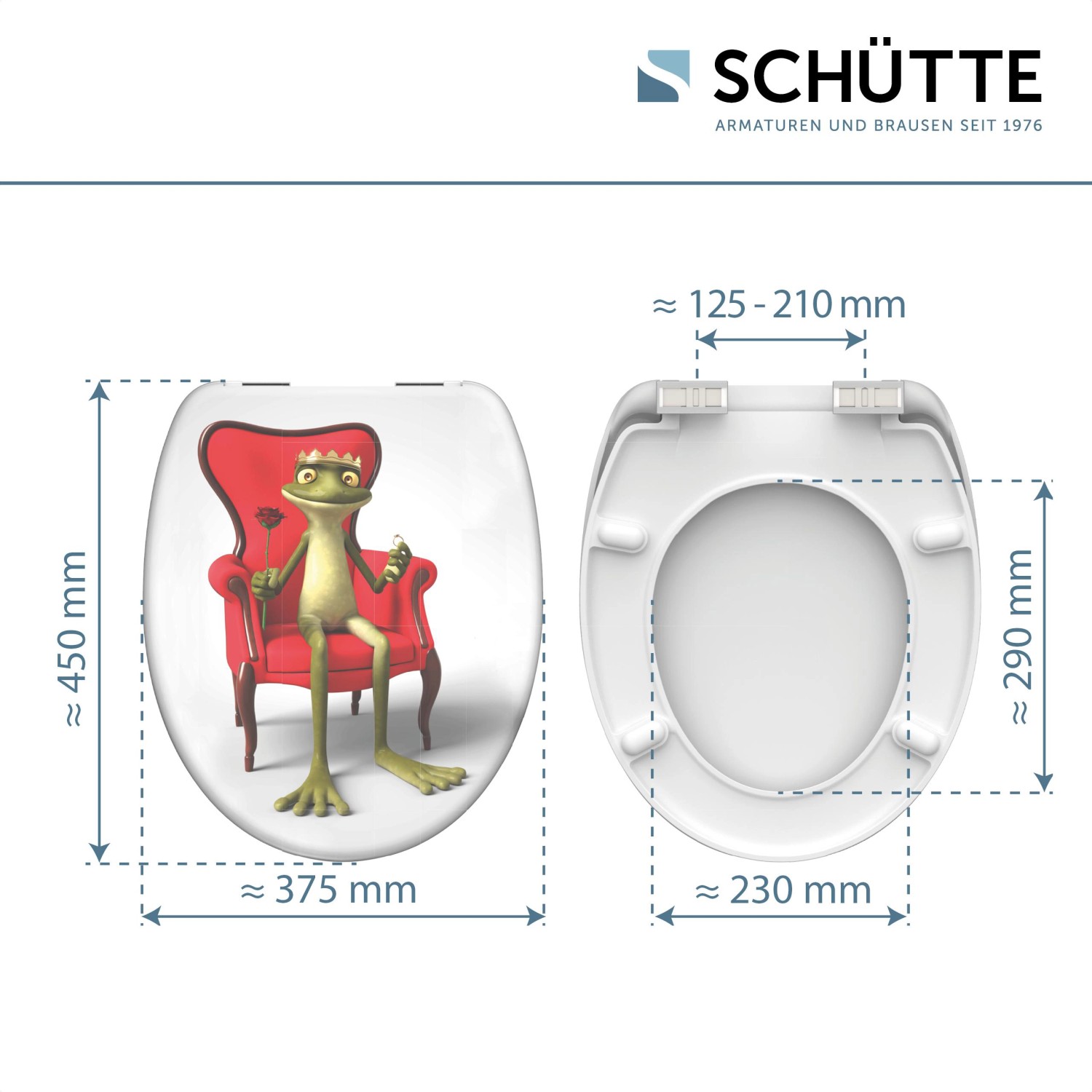 Schütte WC-Sitz Frog King Duroplast mit Absenkautomatik, Froschmotiv und Maßangaben.